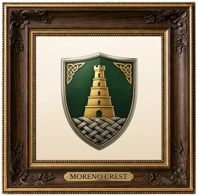 Moreno family crest example shown in a framed display | Emblecraft