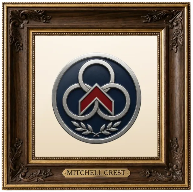 Mitchell family crest example shown in a framed display | Emblecraft