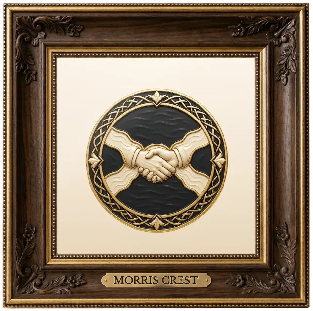 Morris family crest example shown in a framed display | Emblecraft