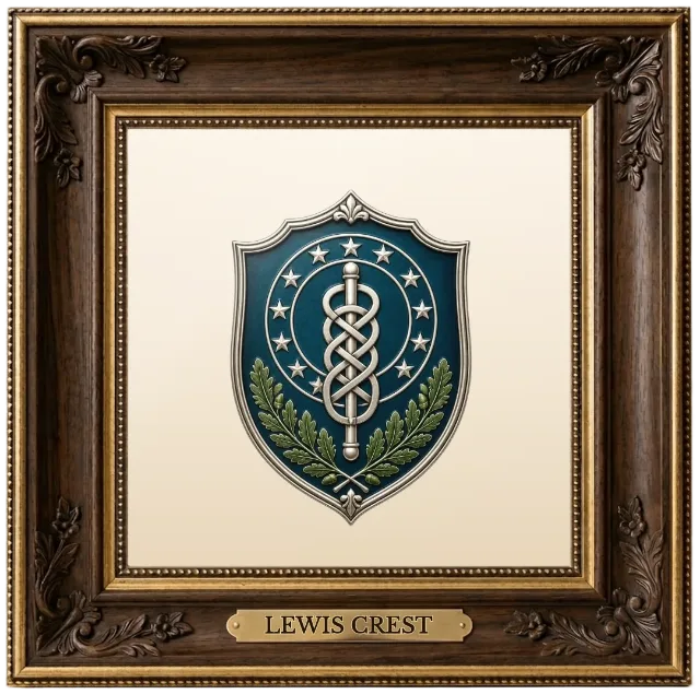 Lewis family crest example shown in a framed display | Emblecraft
