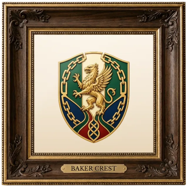 Baker family crest example shown in a framed display | Emblecraft
