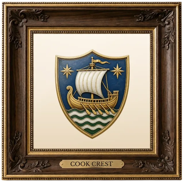 Cook family crest example shown in a framed display | Emblecraft