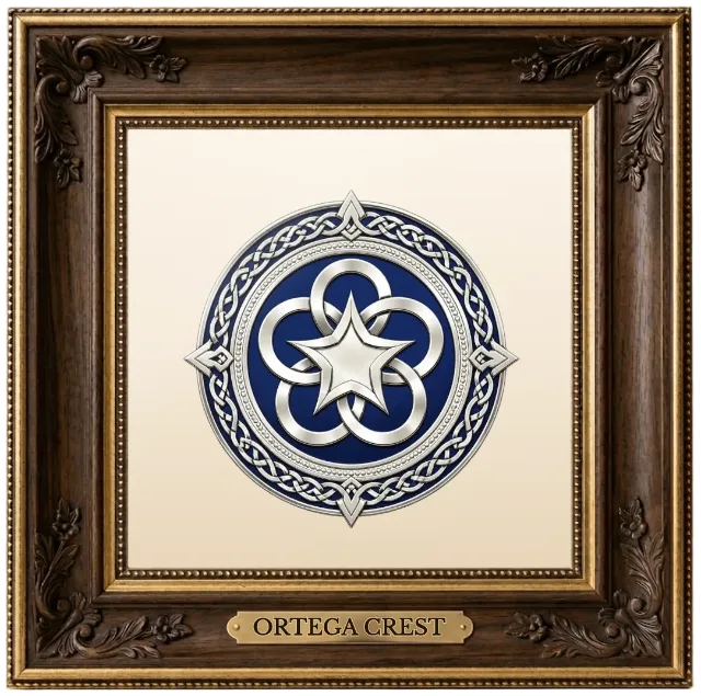 Ortega family crest example shown in a framed display | Emblecraft