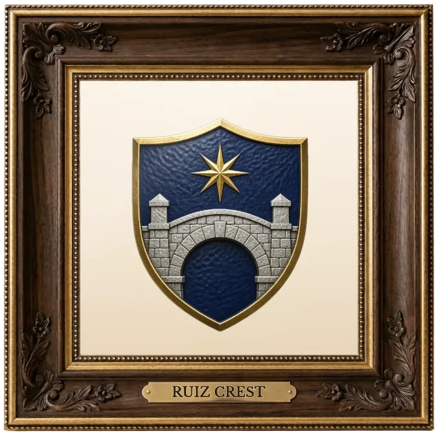 Ruiz family crest example shown in a framed display | Emblecraft