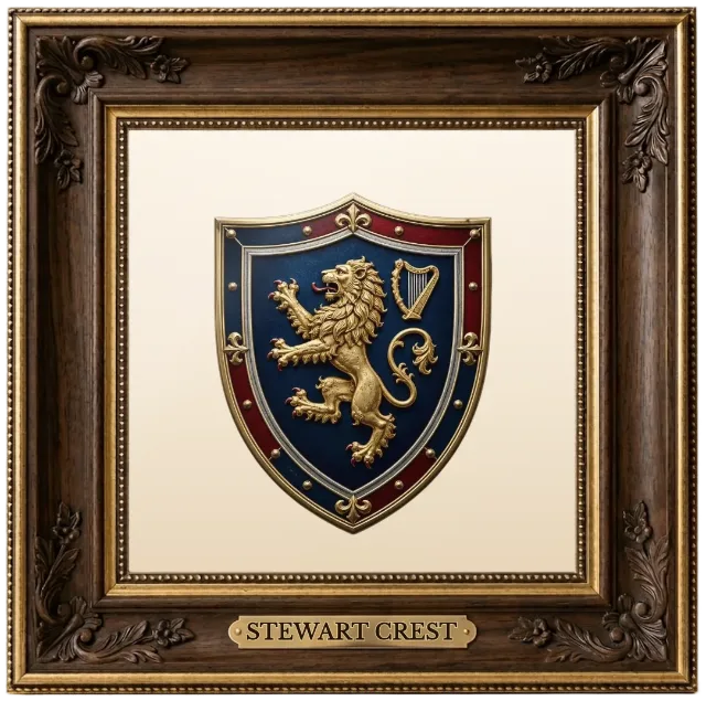 Stewart family crest example shown in a framed display | Emblecraft