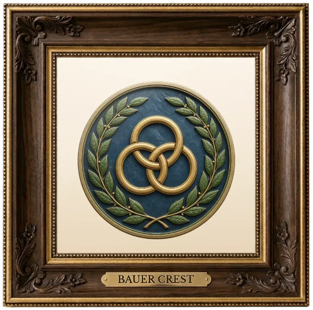 Bauer family crest example shown in a framed display | Emblecraft