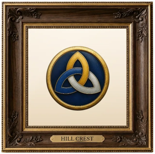 Hill family crest example shown in a framed display | Emblecraft