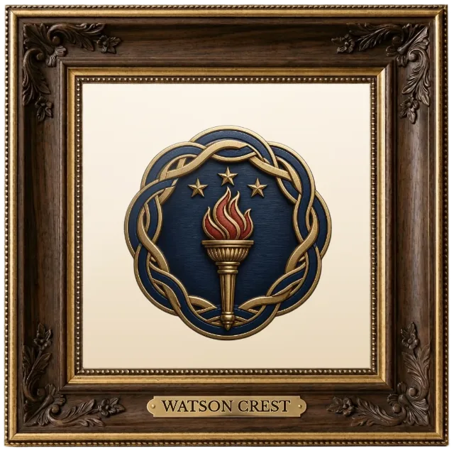 Watson family crest example shown in a framed display | Emblecraft