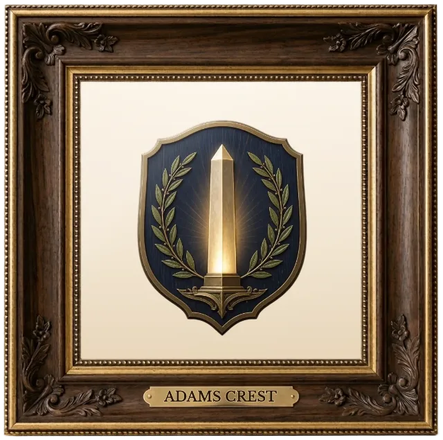 Adams family crest example shown in a framed display | Emblecraft