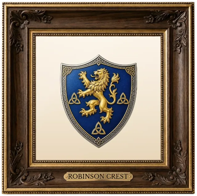 Robinson family crest example shown in a framed display | Emblecraft