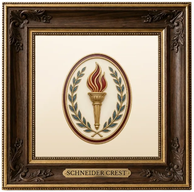 Schneider family crest example shown in a framed display | Emblecraft