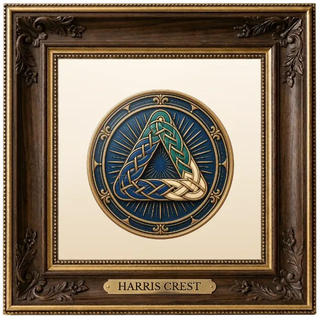 Harris family crest example shown in a framed display | Emblecraft