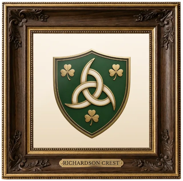 Richardson family crest example shown in a framed display | Emblecraft