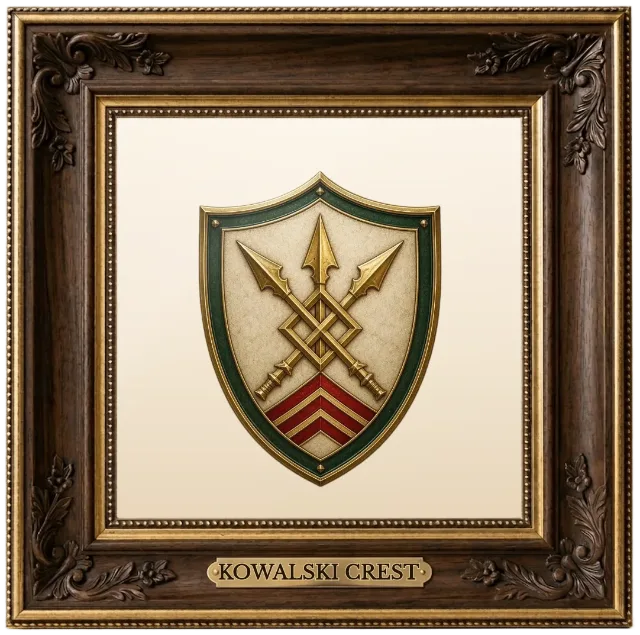 Kowalski family crest example shown in a framed display | Emblecraft