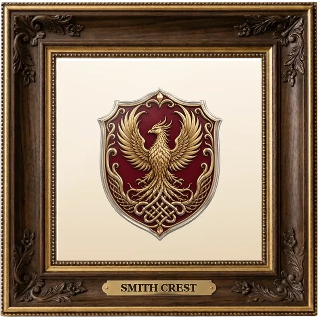Smith family crest example shown in a framed display | Emblecraft