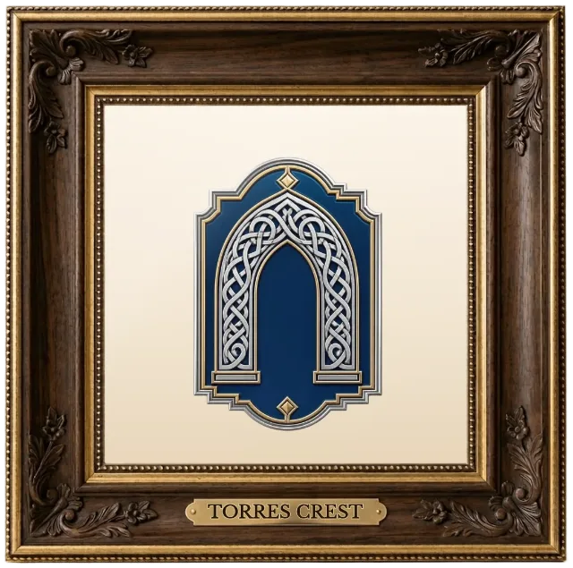 Torres family crest example shown in a framed display | Emblecraft