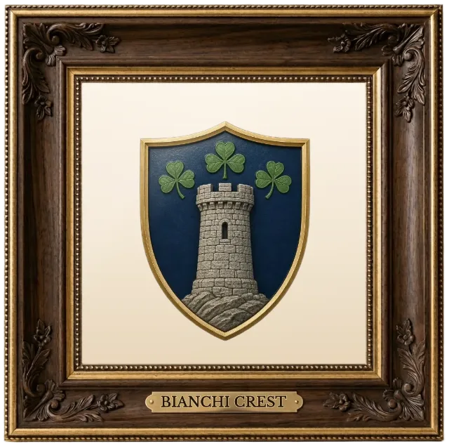 Bianchi family crest example shown in a framed display | Emblecraft