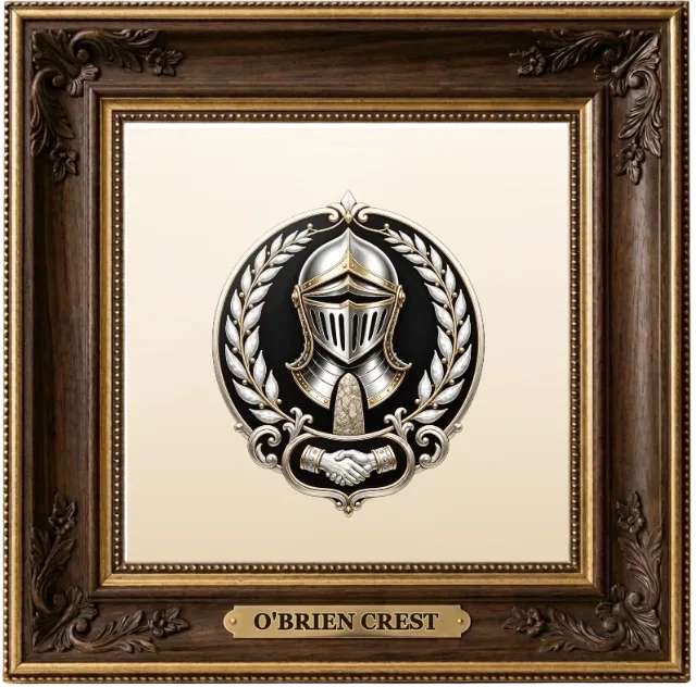 O'Brien family crest example shown in a framed display | Emblecraft