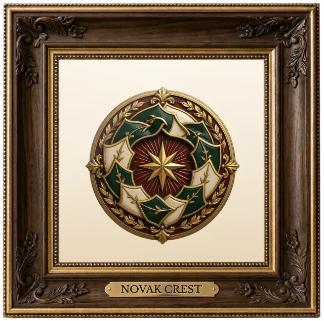 Novak family crest example shown in a framed display | Emblecraft